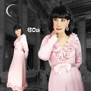Pink Gown Long Sleeves and Ruffles, Low Decolletage VFG 1960s Vintage